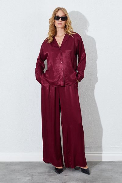 TENA Women's Burgundy Slim Waist Elastic Detailed Satin Trousers