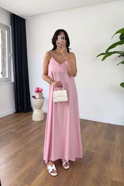 BİRCANÇİL Ossy Pink Strap Adjustable Maxi Dress