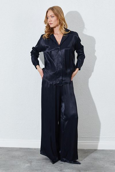 TENA Women's Black Slim Waist Elastic Detailed Satin Trousers