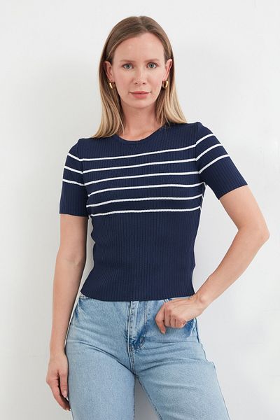 Fulla Moda Μπλούζα πλεκτή με ριγέ κορδόνι με λαιμόκοψη