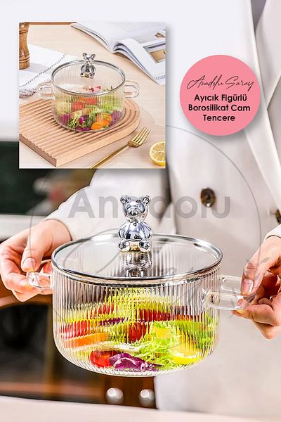 Anadolu Saray Heat Resistant Borosilicate Glass Teddy Bear Figured Pot |   Termisil Teddy Bear Figured Stovetop Pot