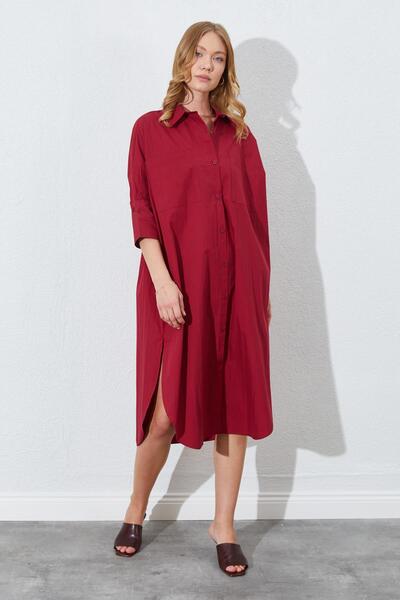TENA Γυναικείο φόρεμα πουκάμισο μπορντό με διπλή τσέπη