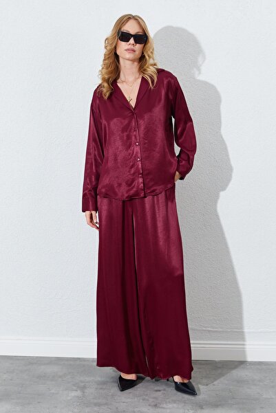 TENA Women's Burgundy Slim Waist Elastic Detailed Satin Trousers