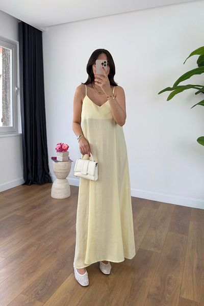 BİRCANÇİL Ossy Yellow Strap Adjustable Maxi Size Dress