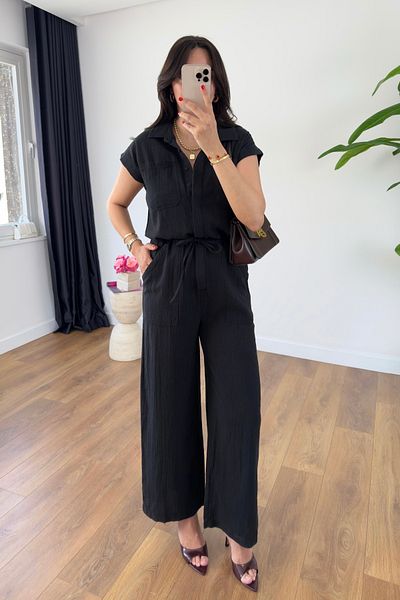 BİRCANÇİL Oswin Black Waist Drawstring Detailed Linen Jumpsuit