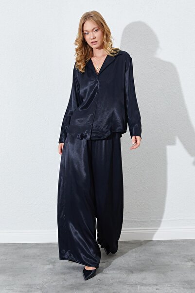 TENA Kadın Siyah Beli İnce Lastik Detaylı Saten Pantolon