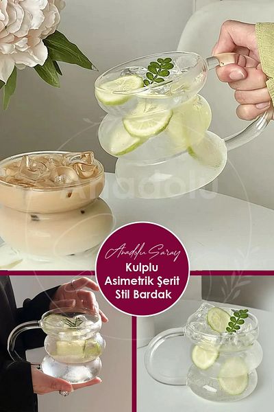 Anadolu Saray كوب على الطراز الاسكندنافي بشريط غير متماثل من البوروسيليكات المقاوم للحرارة مع مقبض |   كوب قهوة بمقبض