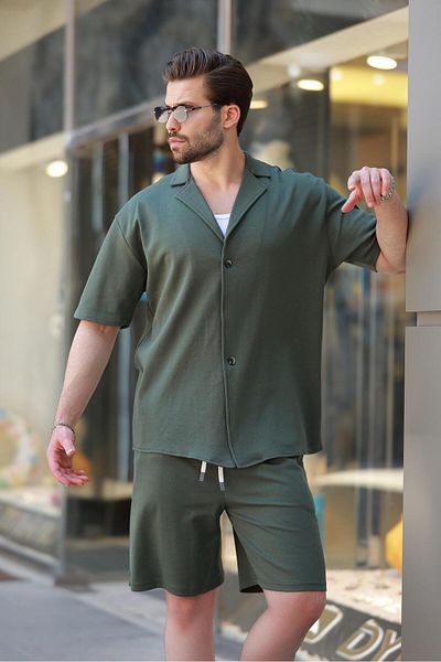 Madmext Khaki Basic Men's Shorts Shirt Suit E7311
