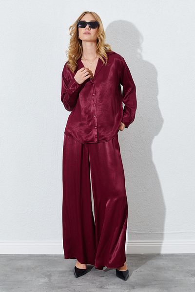TENA Women's Burgundy Slim Waist Elastic Detailed Satin Trousers