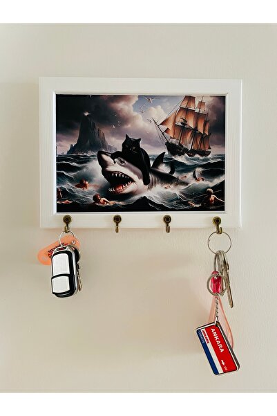 Sapphireworks Beyaz Ahşap Çerçeveli Kurtarıcı Kedi Anahtarlığı Duvar Askılı A...