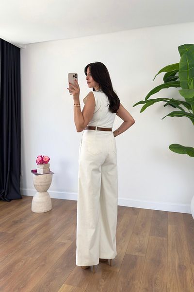 BİRCANÇİL Erica Ecru V-Neck Buttoned Belt Detailed Jumpsuit