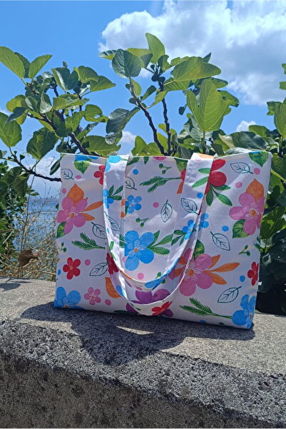 NGA's Renkli Çiçekli Cepli Astarlı Yıkanabilir Tote Bag Bez Pinterest Çanta -...