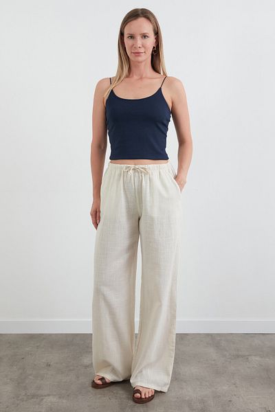 Fulla Moda Linen Palazzo Trousers with Tie Waist and Pockets