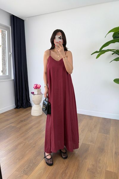 BİRCANÇİL Ossy Burgundy Strap Adjustable Maxi Dress