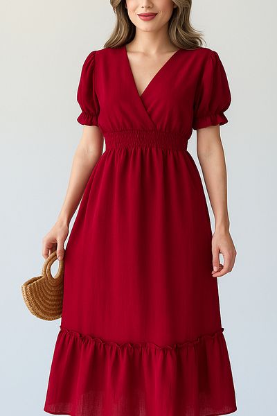 MILANOFOX Women's Burgundy Double Breasted Collar Gipeli Muslin Dress - Short Sleeve Summer Casual Midi Dress