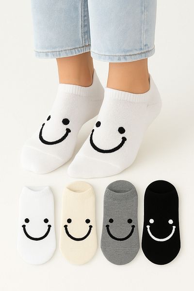 KaeLaurean Women's Seamless Soft Cotton Smile Patterned Happy Socks 4-Piece Sneakers Socks