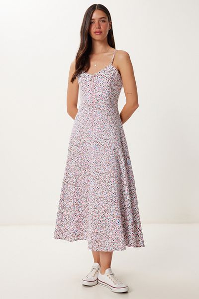 Lovelyİstanbul Rochie Midi din in cu model cu bretele PINK BONE LFK0019