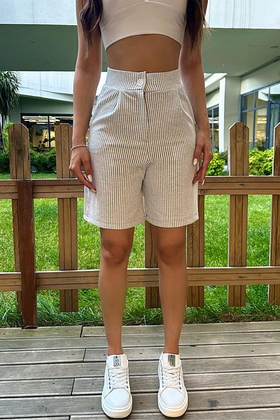 BİKELİFE Women's Linen Blend Comfortable Flowing Striped Shorts