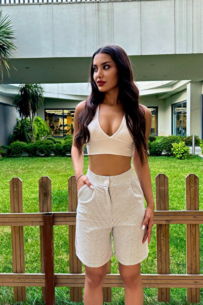 BİKELİFE Women's Linen Blend Comfortable Flowing Striped Shorts