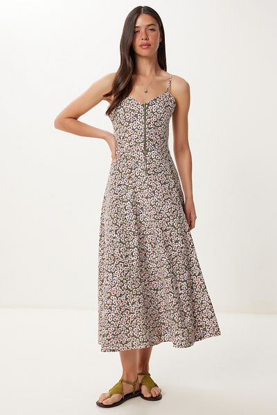 Lovelyİstanbul Patterned Midi Linen Dress with Strap Khaki Bone Lfk0019
