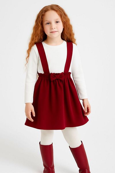 Mai Perla Girls' Set 2 Piece Salopet Dress Cotton Fabric Long Sleeve Bow Skirt Suit 1-5 Years