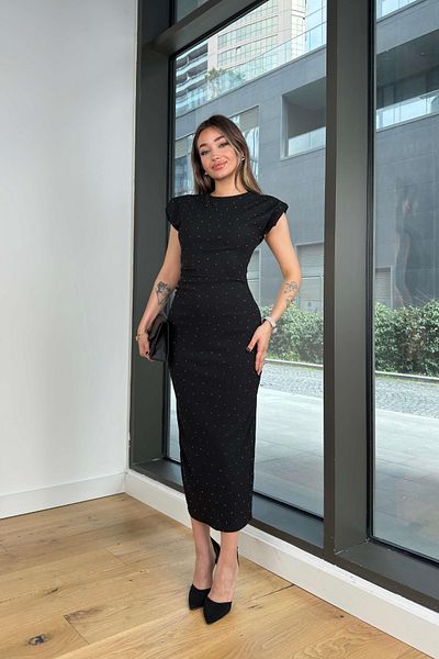 MOZENA Stone Detailed Padded Long Dress