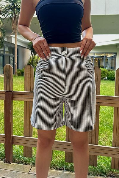 BİKELİFE Pantaloni scurți casual cu dungi pentru femei, amestecați de in
