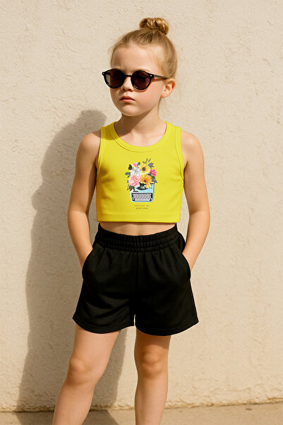 TARZ STİL طقم شورت قصير مطبوع عليه ماكينة كاتبة زهور صيفية للفتيات 16428