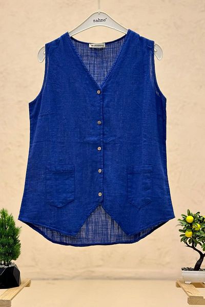 GÜLDEN KATRAN V-Neck Buttoned Linen Vest