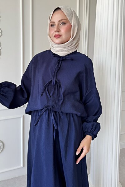 InStyle Dark Navy Blue Suit with Tie Detail Skirt