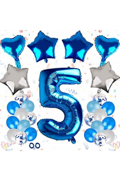 Colmanda number 5 birthday set, white/blue, latex/aluminum, 33 pieces