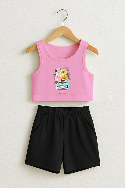 TARZ STİL طقم شورت قصير مطبوع عليه ماكينة كاتبة زهور صيفية للفتيات 16428