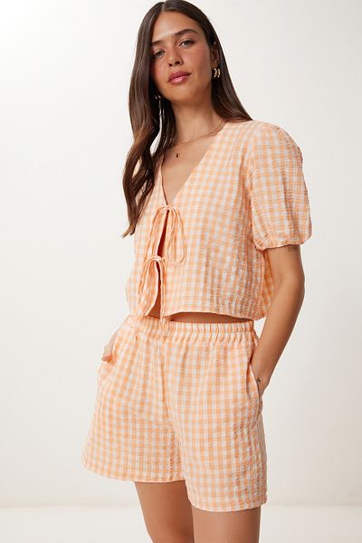 Lovelyİstanbul Checkered Blouse Shorts Woven Suit Oranj Lfk0016