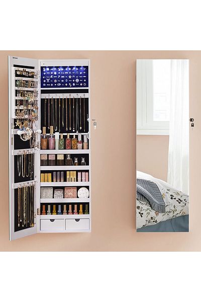SONGMICS Jewelry Cabinet With Mirror, Wall Mounted, LED Lights, 37x10x120cm, White