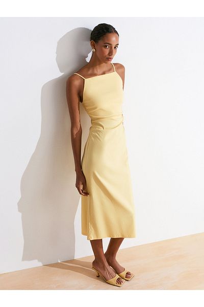 Dilvin 91479 Gathered Midi Dress-Yellow