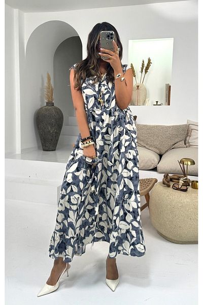 Sohotique By P Patterned Japanese Sleeve Viscose Dress Navy Blue