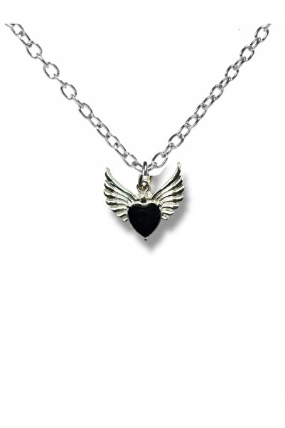 Herşey Nota قلادة للجنسين بتفاصيل جناح القلب للنساء باللون الأسود القوطي - أن...