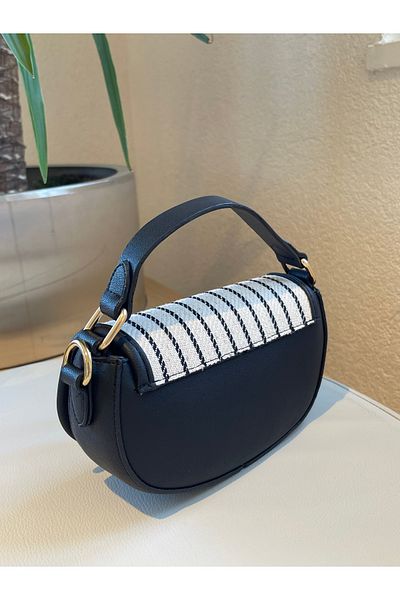 nura Navy Blue Women's Striped Half Moon Model Hand and Shoulder Bag