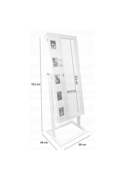 SERSIMO Dressing Room Cabinet with Mirror, 2 Doors with Jewelry Storage, 5 Photo Frames, 48x56x151cm, White