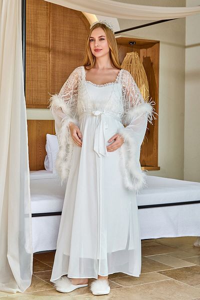 Cossy By Aqua Chiffon Otriş Detail Long Dressing Gown Cossybyaqua 25596-1(36-38)