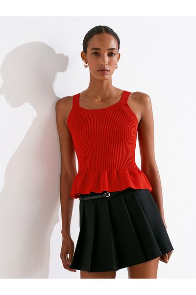 Dilvin 10775 Square Neck Strap Ruffled Knitwear Blouse-Red