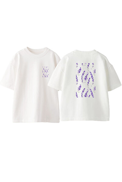 Anetos Tricou Purple Flowers Față Spate cu imprimeu Bumbac Alb supradimensionat