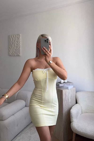 MOZENA Strapless Tie Front Mini Dress