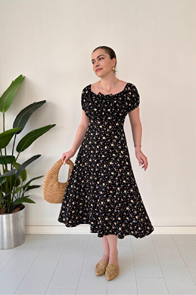 Dks Life Boat Neck Tie Front Floral Patterned Chest Gathered Midi Dress