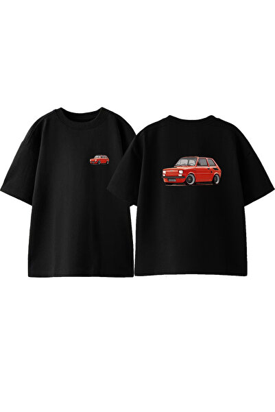 Anetos تي شيرت قطني أسود كبير الحجم مطبوع من الأمام والخلف للسيارة