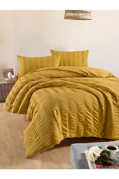 BED LİNE طقم غطاء لحاف مفرد من Seersucker مع صندوق الخردل