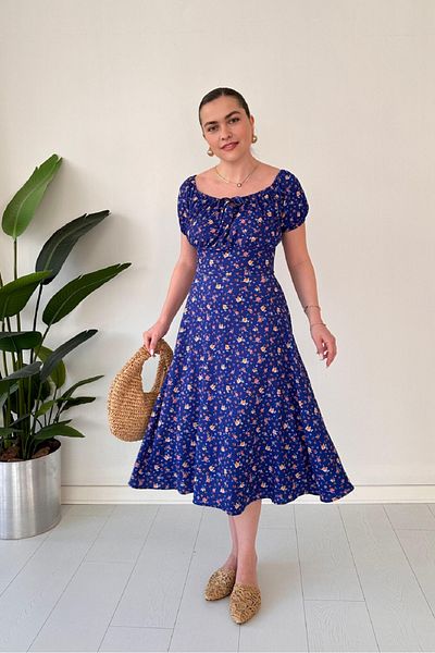 Dks Life Boat Neck Tie Front Floral Patterned Chest Gathered Midi Dress