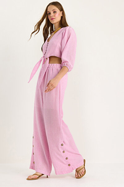 Bianco Lucci Women's Tie Detail Blouse Lined Pants with Buttoned Pants Lined Bottom-Top Set 9266 60281046