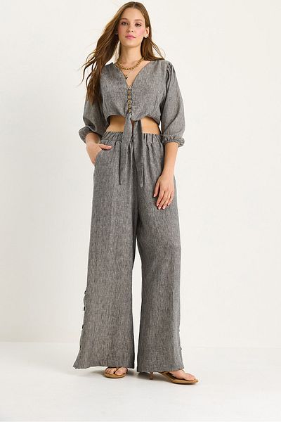 Bianco Lucci Women's Tie Detail Blouse Lined Pants with Buttoned Pants Lined Bottom-Top Set 9266 60281046