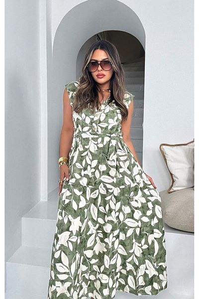 Sohotique By P Patterned Japanese Sleeve Viscose Dress Khaki